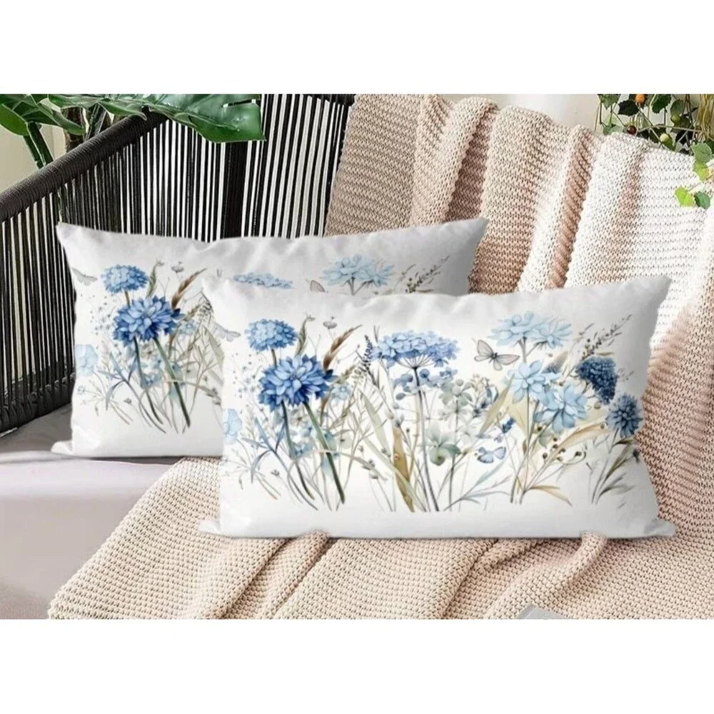 New Decorative White & blue floral lumbar Pillow Cover 19x27 couch throw Cushion